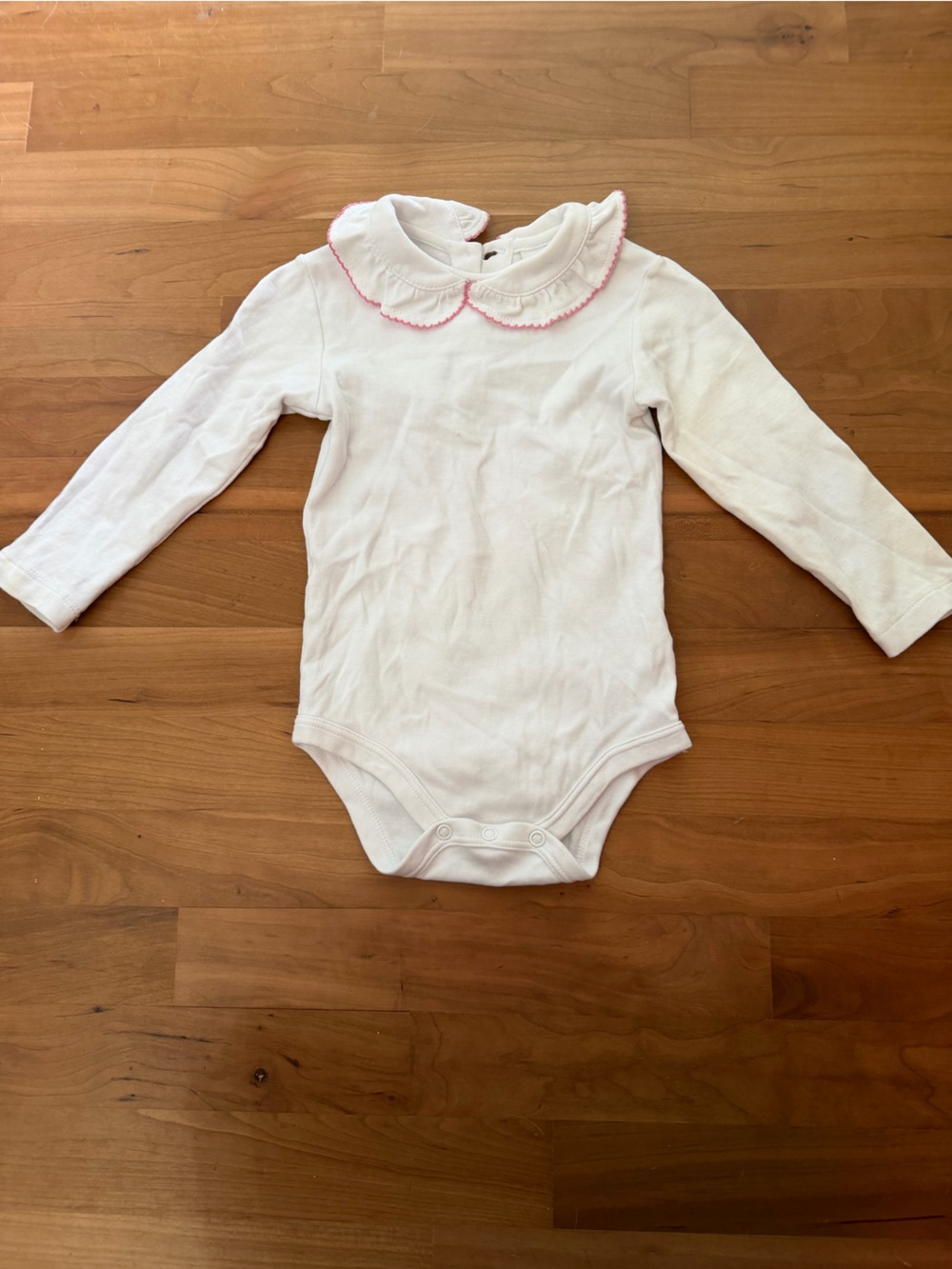Little English White Long-Sleeve One-Piece with Pink-Trim Ruffle Collar